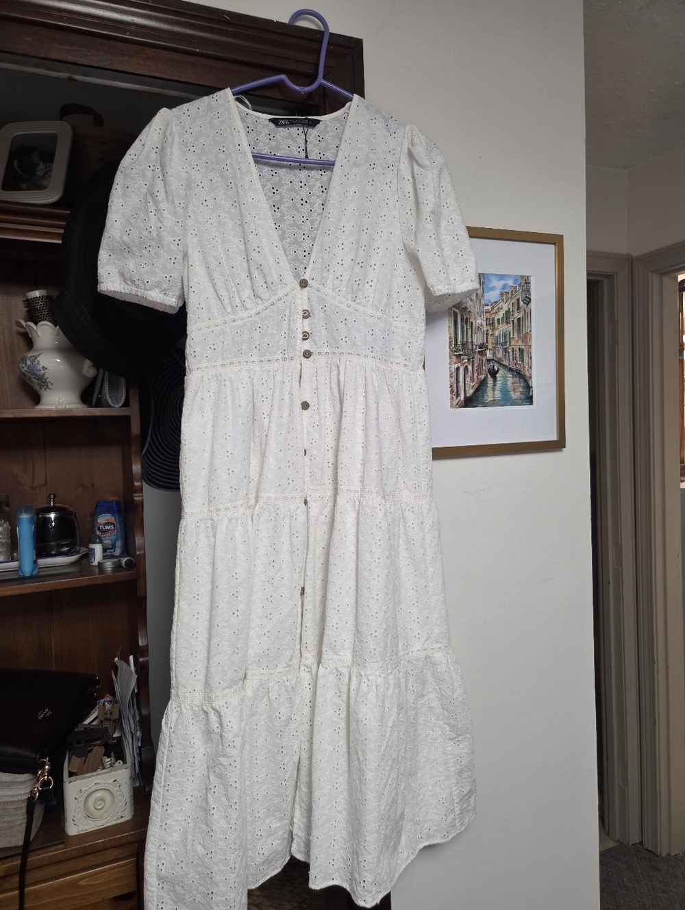 Zara White Eyelet Tiered Midi Dress